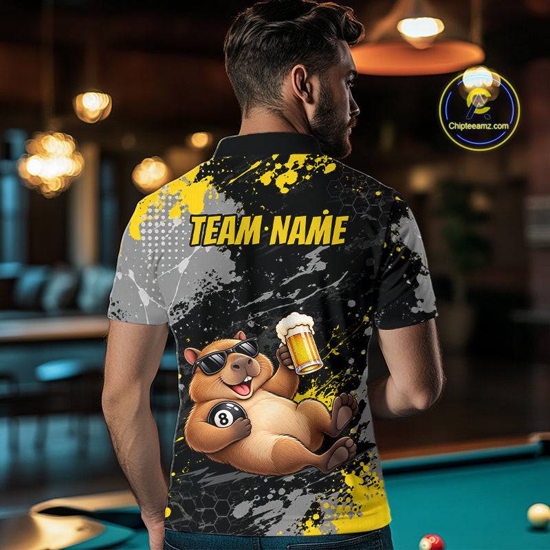 Custom Funny Capybara & Beer Billiard Shirt 8 Ball Yellow Billiard Jersey Polo & 1/4-Zip BHT175