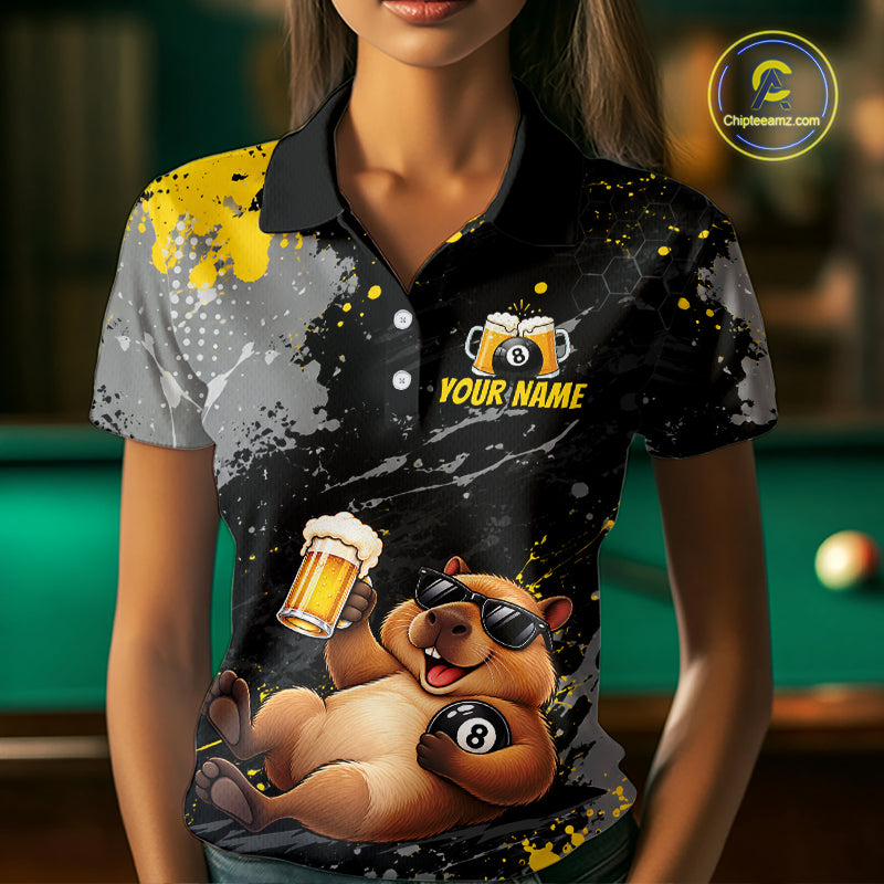 Custom Funny Capybara & Beer Billiard Shirt 8 Ball Yellow Billiard Jersey Polo & 1/4-Zip BHT175