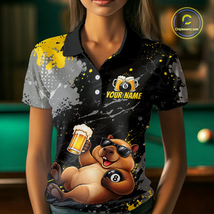 Custom Funny Capybara & Beer Billiard Shirt 8 Ball Yellow Billiard Jersey Polo & 1/4-Zip BHT175