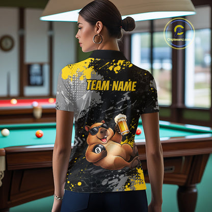 Custom Funny Capybara & Beer Billiard Shirt 8 Ball Yellow Billiard Jersey Polo & 1/4-Zip BHT175