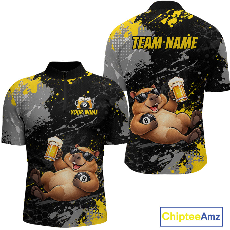 Custom Funny Capybara & Beer Billiard Shirt 8 Ball Yellow Billiard Jersey Polo & 1/4-Zip BHT175
