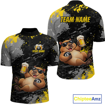 Custom Funny Capybara & Beer Billiard Shirt 8 Ball Yellow Billiard Jersey Polo & 1/4-Zip BHT175