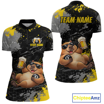 Custom Funny Capybara & Beer Billiard Shirt 8 Ball Yellow Billiard Jersey Polo & 1/4-Zip BHT175