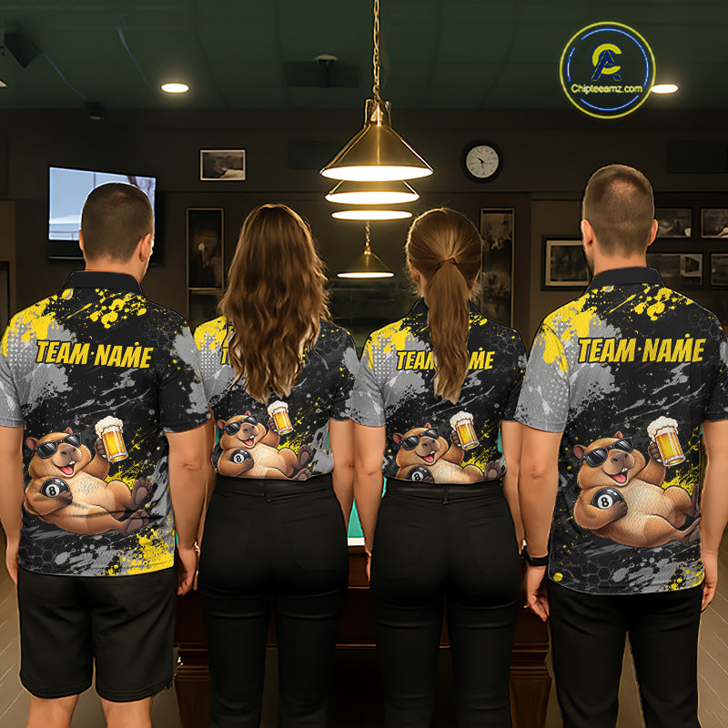 Custom Funny Capybara & Beer Billiard Shirt 8 Ball Yellow Billiard Jersey Polo & 1/4-Zip BHT175