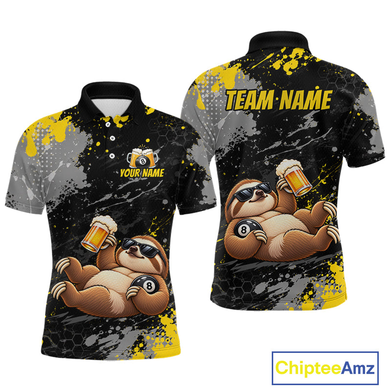 Custom Funny Sloth & Beer Billiard Shirt for Men 8 Ball Yellow Billiard Jersey Polo & 1/4-Zip BHT176