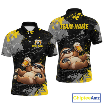 Custom Funny Sloth & Beer Billiard Shirt for Men 8 Ball Yellow Billiard Jersey Polo & 1/4-Zip BHT176