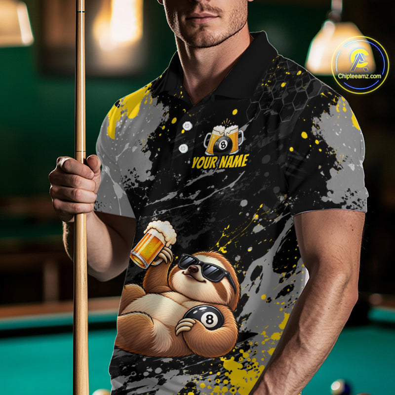 Custom Funny Sloth & Beer Billiard Shirt for Men 8 Ball Yellow Billiard Jersey Polo & 1/4-Zip BHT176