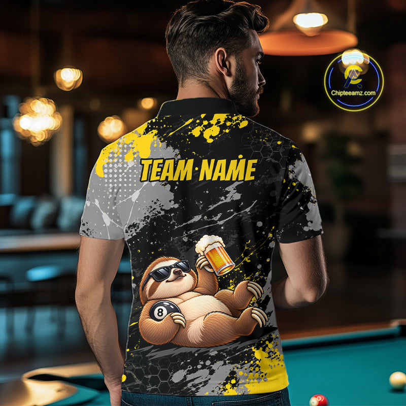 Custom Funny Sloth & Beer Billiard Shirt for Men 8 Ball Yellow Billiard Jersey Polo & 1/4-Zip BHT176