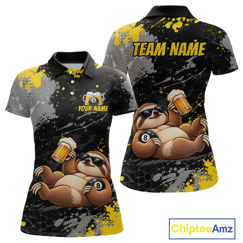 Custom Funny Sloth & Beer Billiard Shirt for Women 8 Ball Yellow Billiard Jersey Polo & 1/4-Zip BHT176