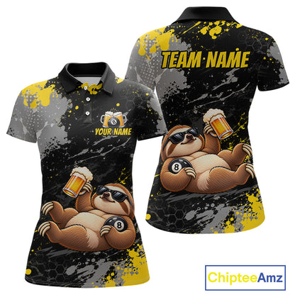 Custom Funny Sloth & Beer Billiard Shirt for Women 8 Ball Yellow Billiard Jersey Polo & 1/4-Zip BHT176