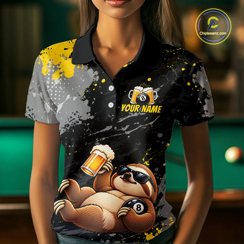 Custom Funny Sloth & Beer Billiard Shirt for Women 8 Ball Yellow Billiard Jersey Polo & 1/4-Zip BHT176