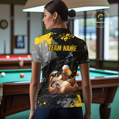 Custom Funny Sloth & Beer Billiard Shirt for Women 8 Ball Yellow Billiard Jersey Polo & 1/4-Zip BHT176