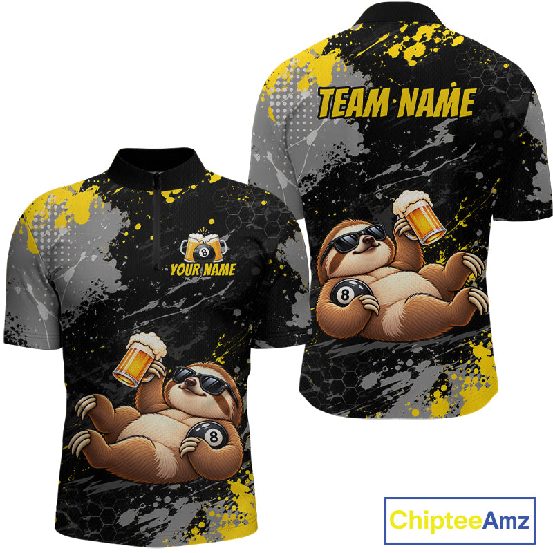 Custom Funny Sloth & Beer Billiard Shirt for Men 8 Ball Yellow Billiard Jersey Polo & 1/4-Zip BHT176