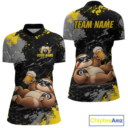 Custom Funny Sloth & Beer Billiard Shirt for Women 8 Ball Yellow Billiard Jersey Polo & 1/4-Zip BHT176