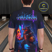 Load image into Gallery viewer, Man wearing custom navy alligator bowling polo shirt back view featuring a glowing bowling ball and neon blue purple artwork, displaying Team Name, at the bowling alley