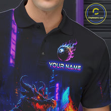 Load image into Gallery viewer, Close-up front view of custom navy alligator bowling polo shirt showing Your Name, fiery reptile graphic and neon blue purple pattern