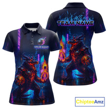 Load image into Gallery viewer, Front and back view custom navy alligator bowling polo shirt featuring a fiery reptile, glowing bowling ball and neon blue purple pattern, displaying Your Name and Team Name