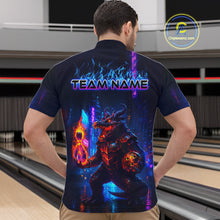 Load image into Gallery viewer, Man wearing custom navy alligator bowling quarter-zip shirt back view featuring a glowing bowling ball and neon blue purple artwork, displaying Team Name, at the bowling alley