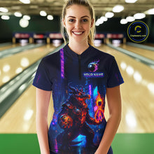 Load image into Gallery viewer, Woman wearing custom navy alligator bowling quarter-zip shirt front view featuring a glowing bowling ball and neon blue purple artwork, displaying Your Name, at the bowling alley