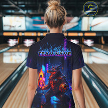 Load image into Gallery viewer, Woman wearing custom navy alligator bowling polo shirt back view featuring a glowing bowling ball and neon blue purple artwork, displaying Team Name, at the bowling alley