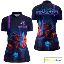 Load image into Gallery viewer, Front and back view custom navy alligator bowling quarter-zip shirt featuring a fiery reptile, glowing bowling ball and neon blue purple pattern, displaying Your Name and Team Name