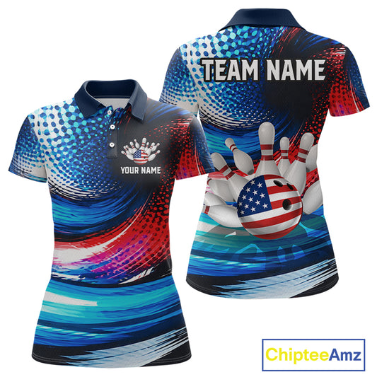 Customizable short-sleeve polo shirt shown from the front and back, featuring a vibrant blue, red, and white bowling-themed graphic with a bowling ball and pins, and placeholder text 'TEAM NAME' and 'YOUR NAME'.