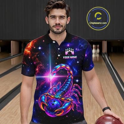 A man wearing a short-sleeve bowling polo shirt with a colorful cosmic scorpion design, standing in a bowling alley. The shirt features a vibrant blue and purple scorpion on a black starry space background with a bowling pin graphic and the text 'YOUR NAME'.