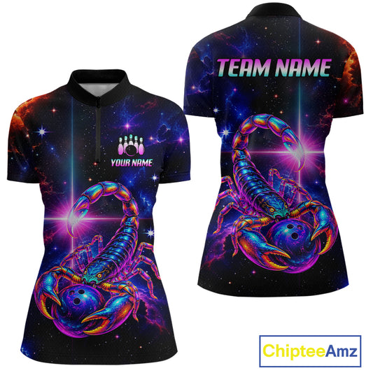 Front and back views of a short-sleeve quarter-zip shirt with an all-over cosmic space print featuring a large neon purple and blue scorpion graphic. The shirt has a black collar, customizable text areas reading 'YOUR NAME' and 'TEAM NAME'.