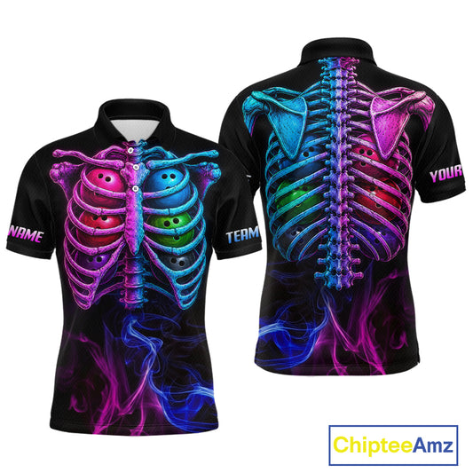 Black short-sleeve polo shirt shown from the front and back, featuring a large neon skeleton rib cage graphic in pink, blue, and purple with smoky effects and customizable text placeholders on the sleeves.
