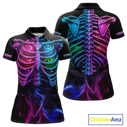 Customizable black short-sleeve polo shirt shown from front and back, featuring a vibrant neon skeleton ribcage print in pink, blue, and purple with smoky abstract details at the bottom. Includes 'NAME' and 'YOUR' placeholder text on the sleeves.