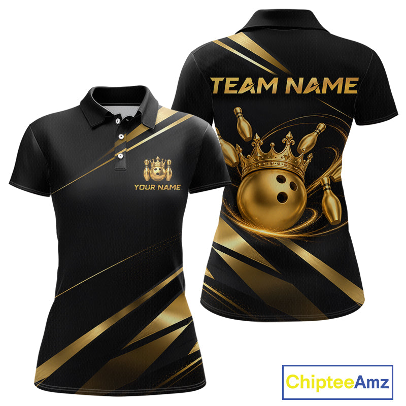 Custom Black and Gold Crown Bowling Shirt Bowling Jersey for Women QZT1267