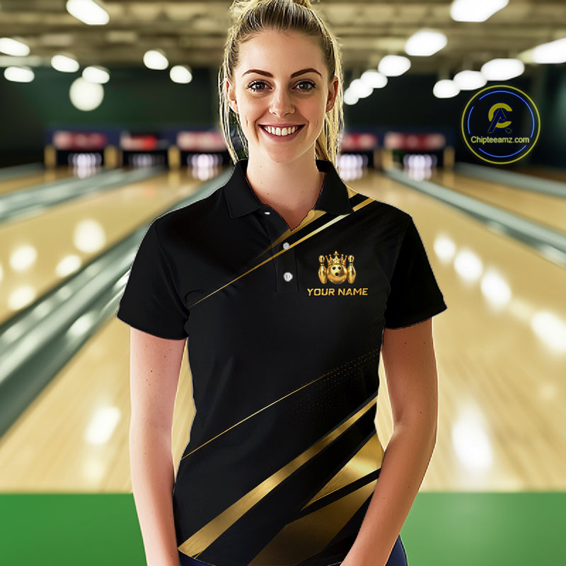 Custom Black and Gold Crown Bowling Shirt Bowling Jersey for Women QZT1267