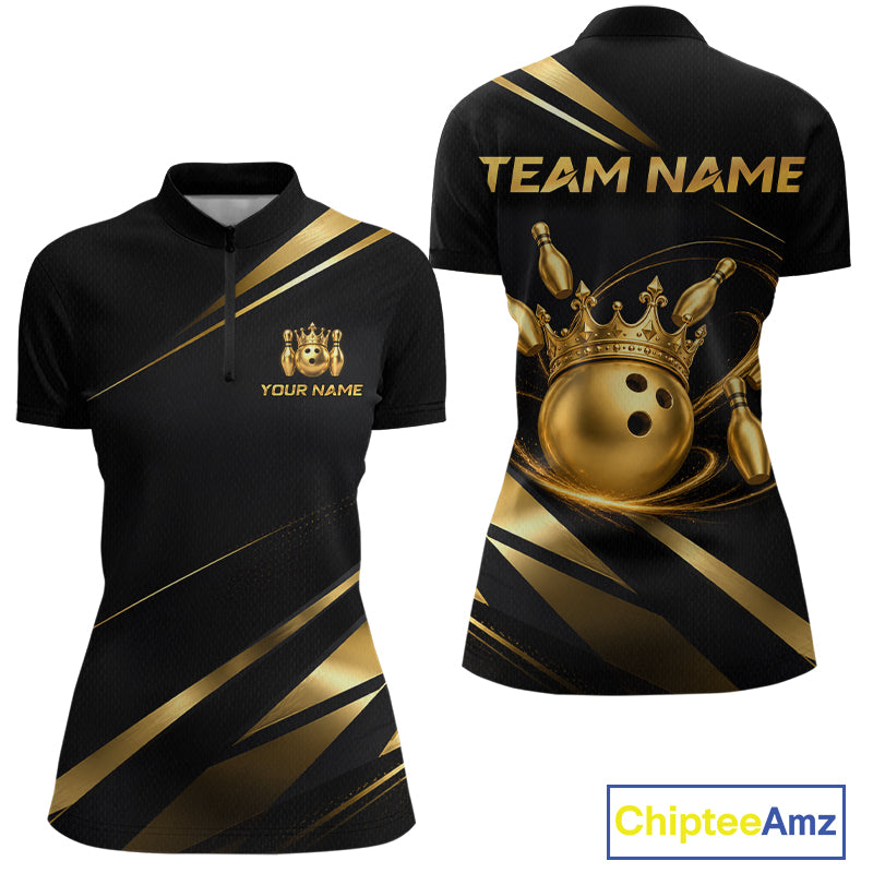 Custom Black and Gold Crown Bowling Shirt Bowling Jersey for Women QZT1267