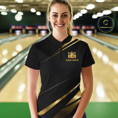 Custom Black and Gold Crown Bowling Shirt Bowling Jersey for Women QZT1267