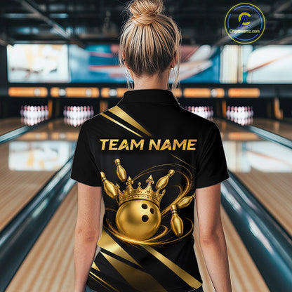 Custom Black and Gold Crown Bowling Shirt Bowling Jersey for Women QZT1267
