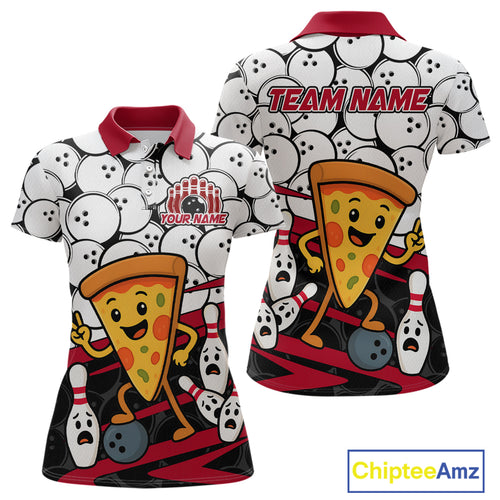 Custom Red Funny Pizza Bowling Shirt Bowling with Food for Women Polo Bowling Jersey QZT799