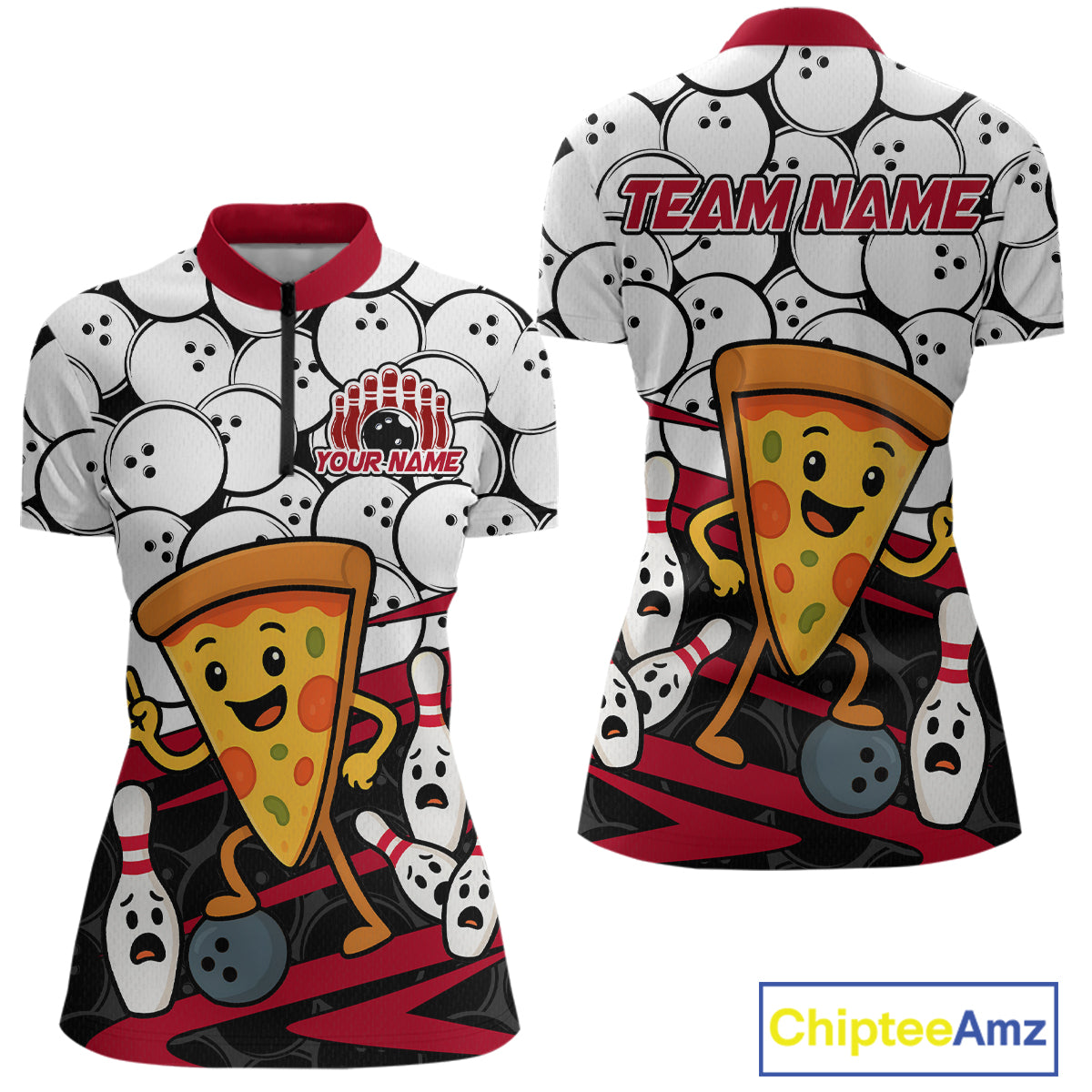 Custom Red Funny Pizza Bowling Shirt Bowling with Food for Women Polo Bowling Jersey QZT799