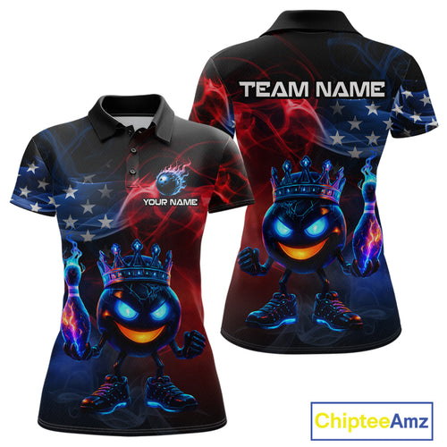 Custom American Flag Bowling Shirt Hero Bowling Ball Pin Polo & 1/4 Zip Bowling Jersey for Women QZT800