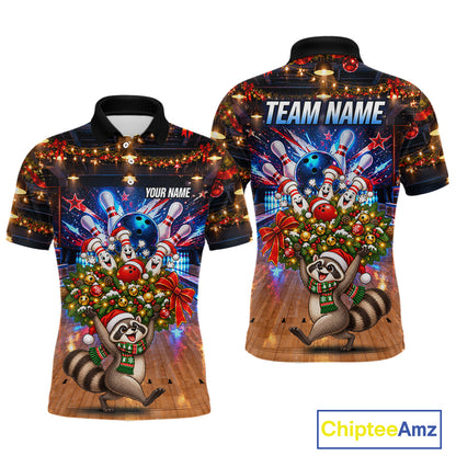 Christmas Bowling Shirt for Men Custom Funny Raccoon Bowling Jersey Polo & 1/4-Zip QZT1404
