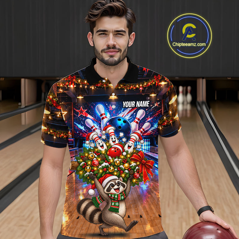 Christmas Bowling Shirt for Men Custom Funny Raccoon Bowling Jersey Polo & 1/4-Zip QZT1404