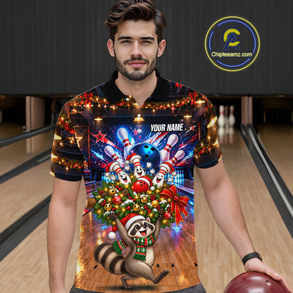 Christmas Bowling Shirt for Men Custom Funny Raccoon Bowling Jersey Polo & 1/4-Zip QZT1404