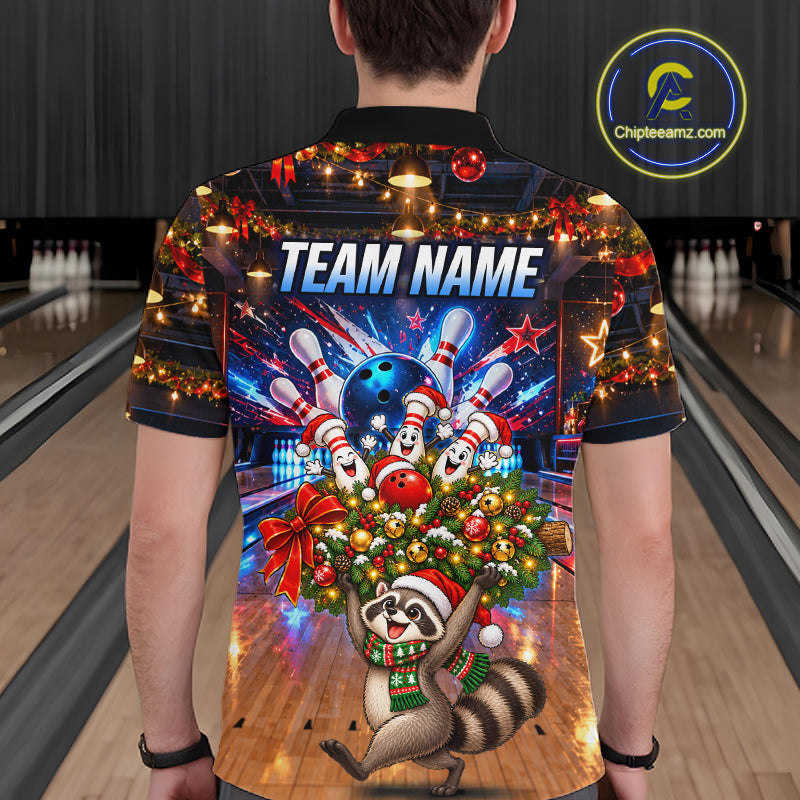 Christmas Bowling Shirt for Men Custom Funny Raccoon Bowling Jersey Polo & 1/4-Zip QZT1404