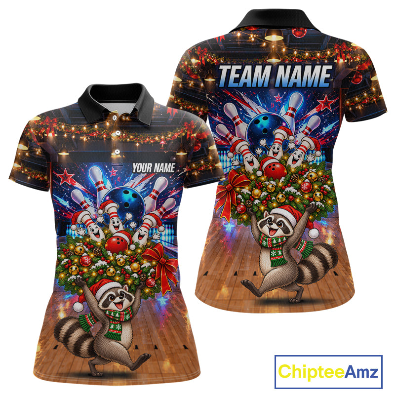 Christmas Bowling Shirt for Women Custom Funny Raccoon Bowling Jersey Polo & 1/4-Zip QZT1404
