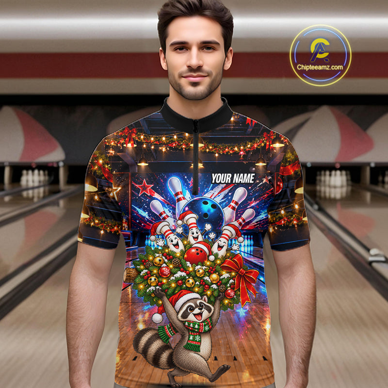 Christmas Bowling Shirt for Men Custom Funny Raccoon Bowling Jersey Polo & 1/4-Zip QZT1404