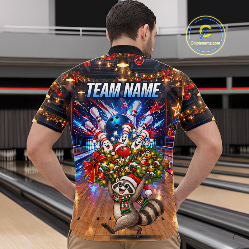 Christmas Bowling Shirt for Men Custom Funny Raccoon Bowling Jersey Polo & 1/4-Zip QZT1404