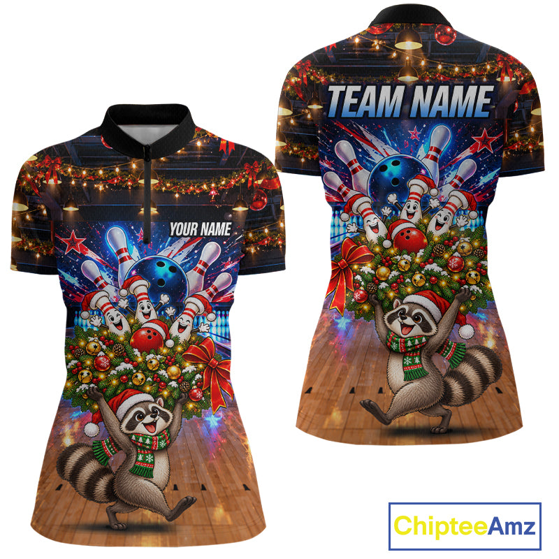 Christmas Bowling Shirt for Women Custom Funny Raccoon Bowling Jersey Polo & 1/4-Zip QZT1404