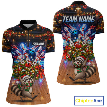 Christmas Bowling Shirt for Women Custom Funny Raccoon Bowling Jersey Polo & 1/4-Zip QZT1404