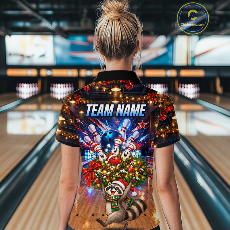 Christmas Bowling Shirt for Women Custom Funny Raccoon Bowling Jersey Polo & 1/4-Zip QZT1404