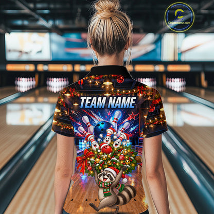 Christmas Bowling Shirt for Women Custom Funny Raccoon Bowling Jersey Polo & 1/4-Zip QZT1404