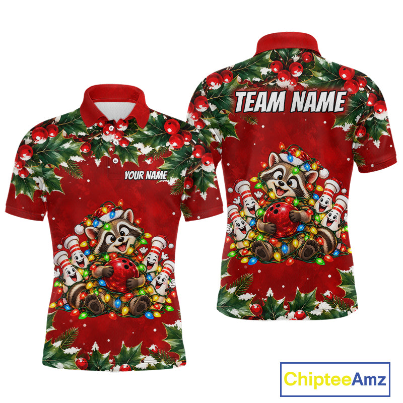 Custom Christmas Bowling Shirt for Men Funny Raccoon Bowling Jersey Polo & 1/4-Zip QZT1405